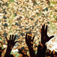 hands raised in the air in celebration amid a swirl of confetti